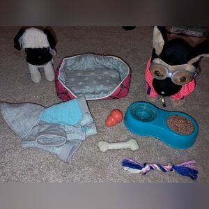 Our Generation Battat LOT of 2 doll dogs, Bulldog, German Shepherd, accessories